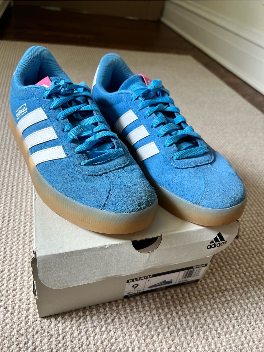 adidas women’s Blue Suede Skateboard Sneakers with White Stripes and Gum Sole